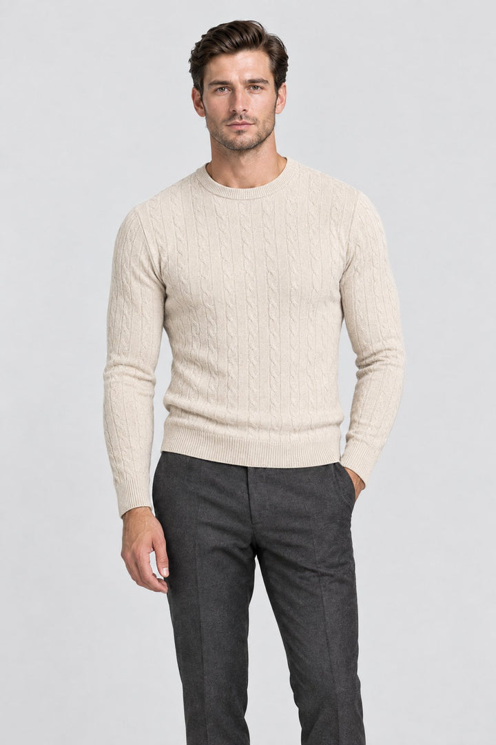 The Cotswold Cable Crewneck in Oat, on model