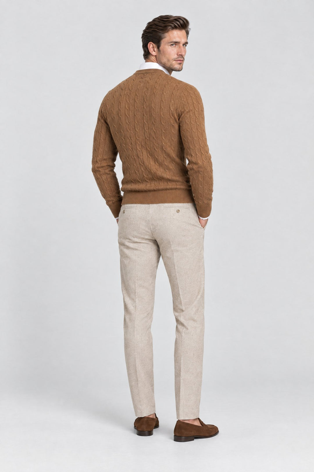 The Cotswold Cable Crewneck in Tobacco, back view