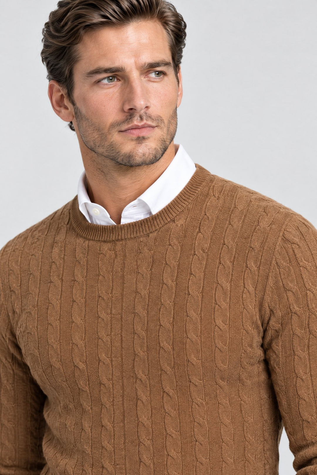 The Cotswold Cable Crewneck in Tobacco, detail