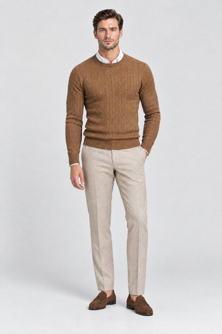 The Cotswold Cable Crewneck in Tobacco, full length