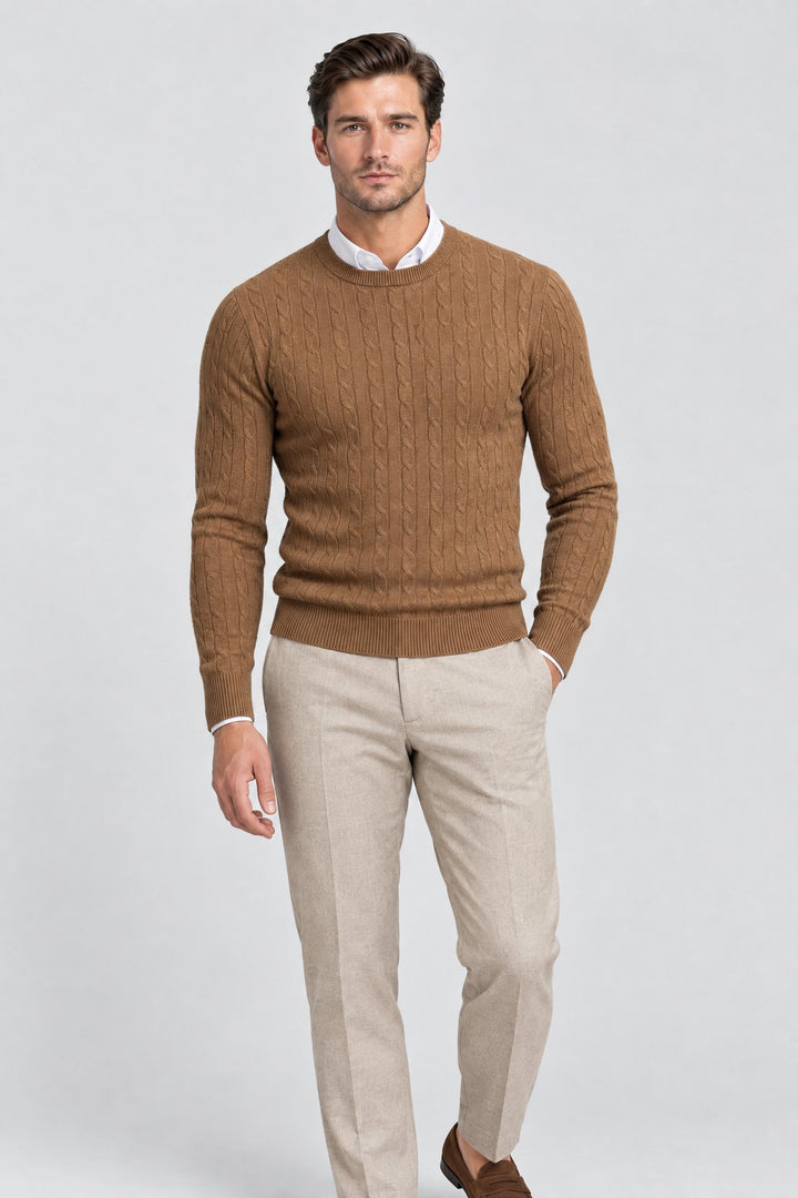 The Cotswold Cable Crewneck in Tobacco, on model