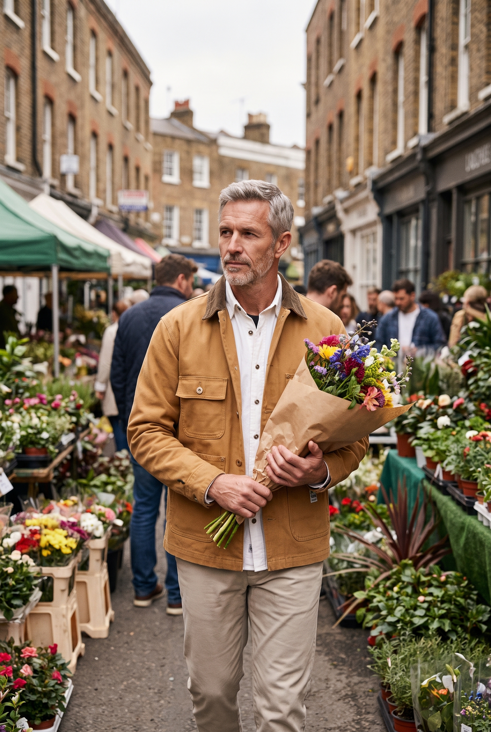 The Deptford canvas chore jacket styled at Columbia Road flower market, London
