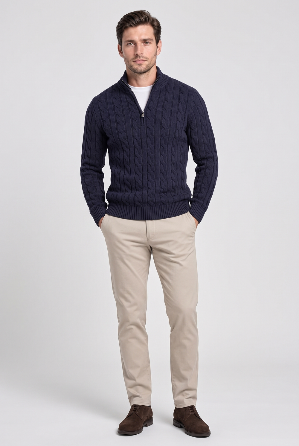 Men's Cable Knit Half-Zip Jumper in Navy – The Dulwich by WARDLEY