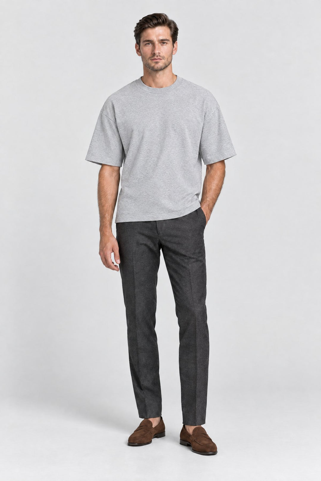 The Essential Heavyweight Tee in Heather Grey, full length