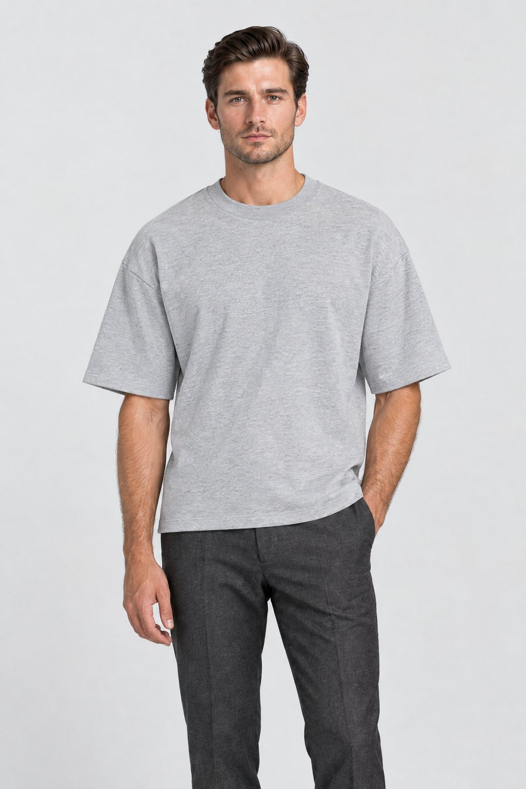 The Essential Heavyweight Tee in Heather Grey worn by model