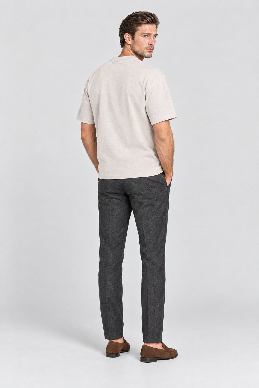 The Essential Heavyweight Tee in Stone, back view