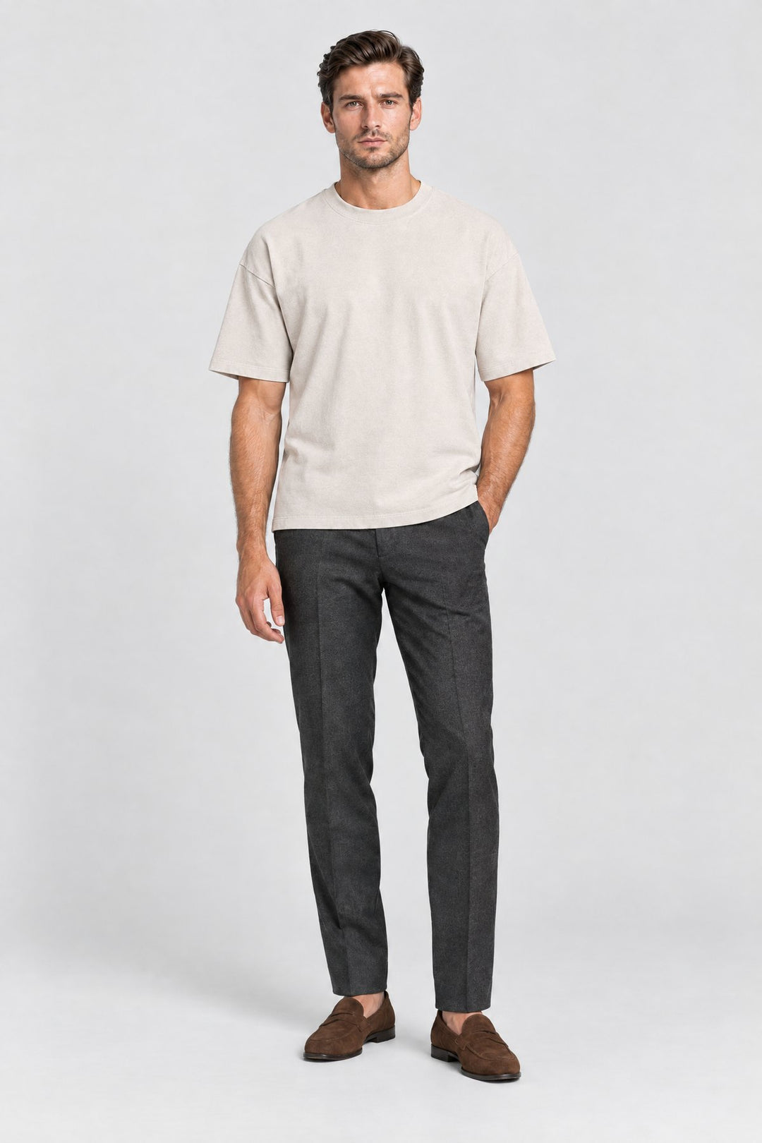 The Essential Heavyweight Tee in Stone, full length
