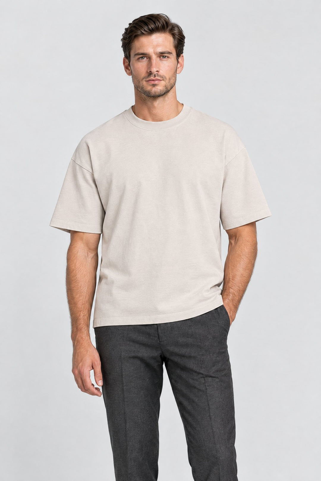 The Essential Heavyweight Tee in Stone worn by model