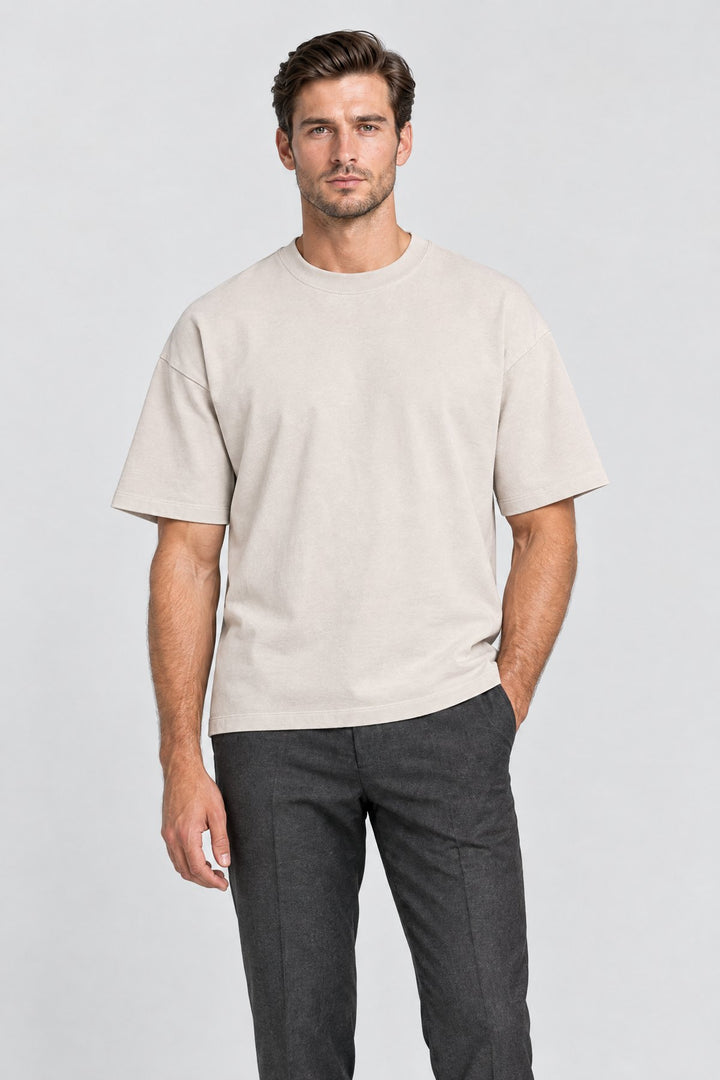 The Essential Heavyweight Tee in Stone worn by model