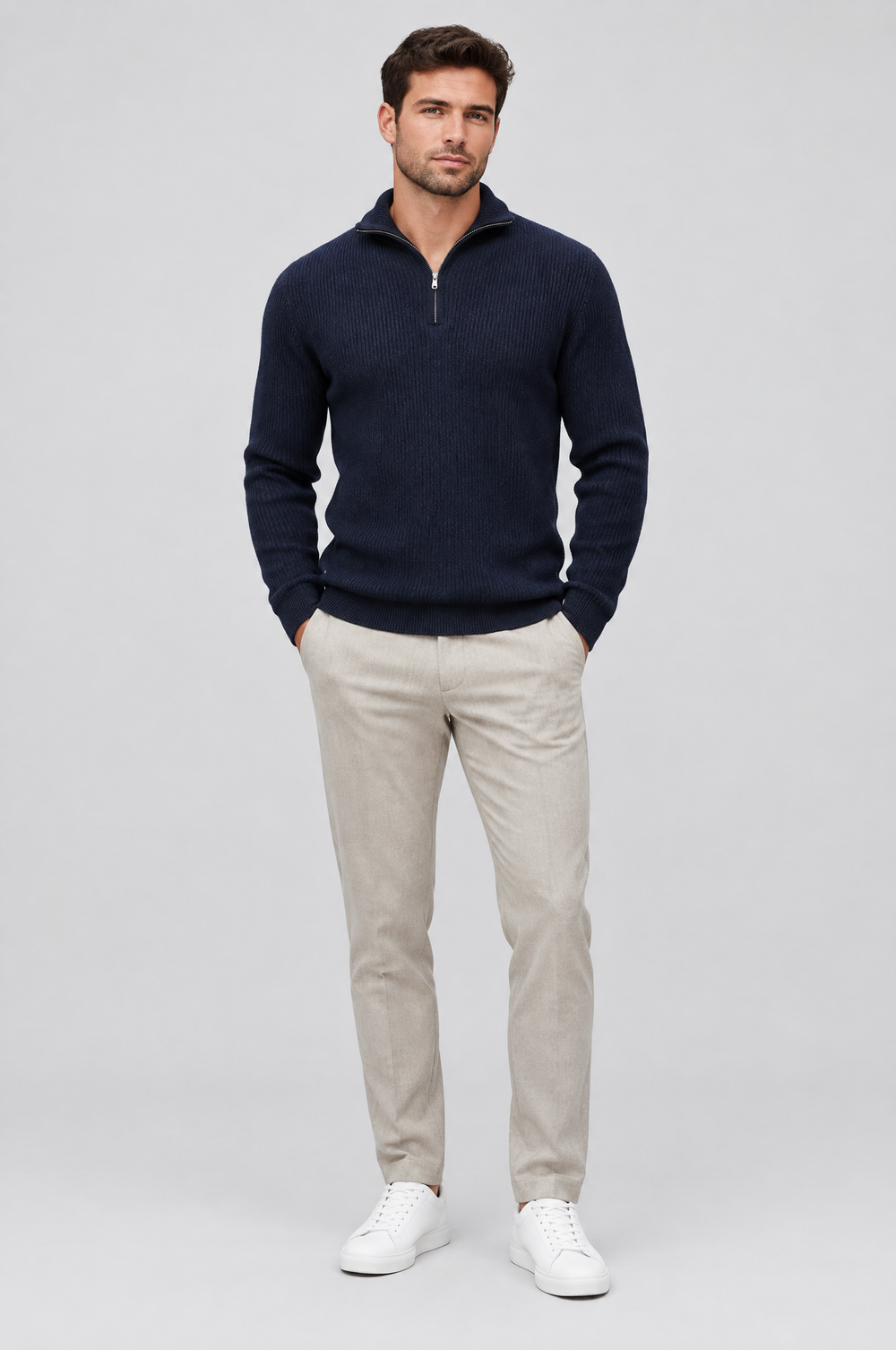 Men's Ribbed Half-Zip Long Sleeve Polo in Navy – The Finsbury by WARDLEY