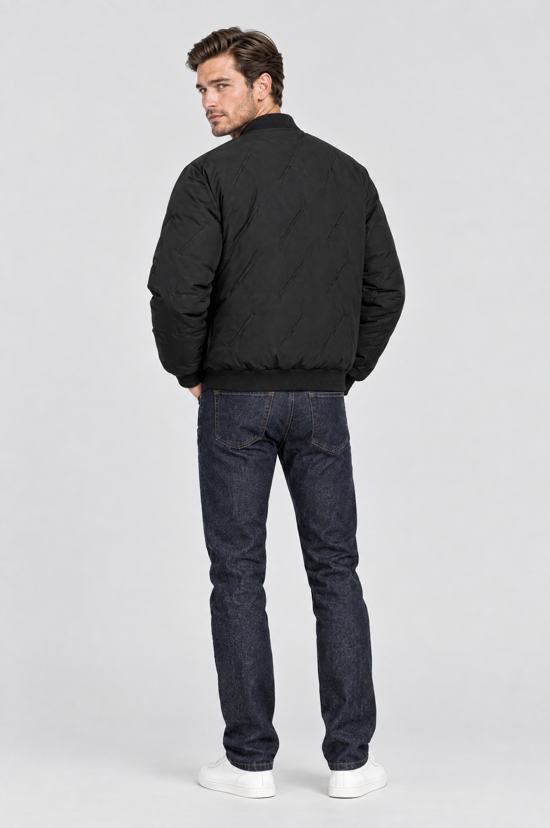 The Fulham Padded Bomber in Black, on model, back view