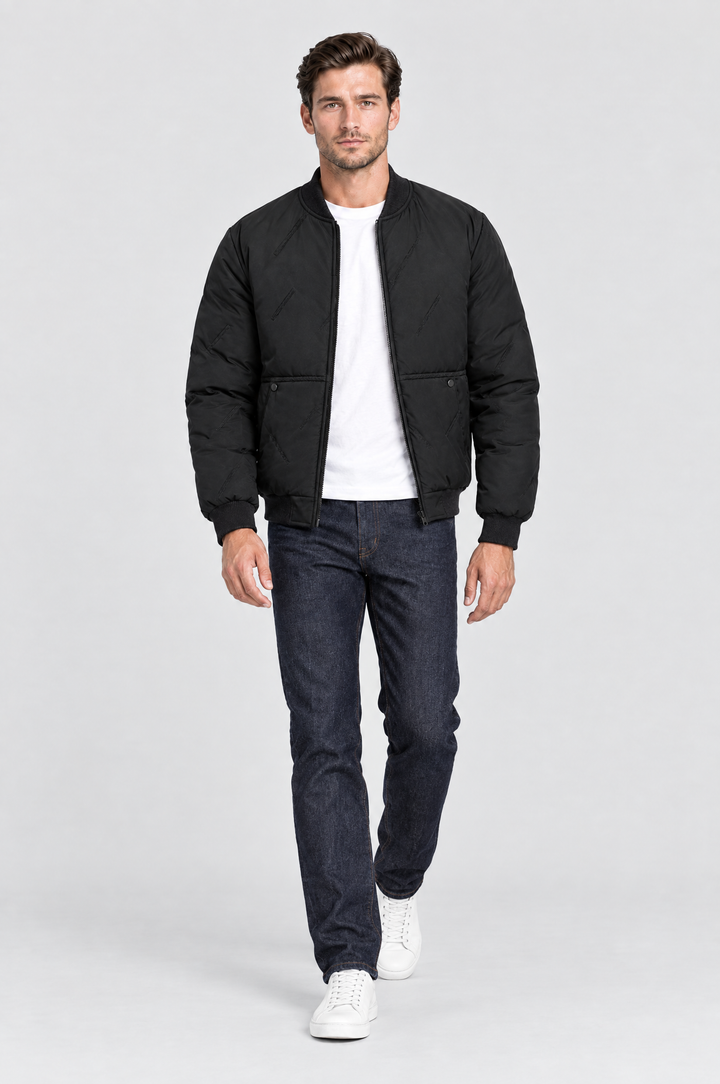 The Fulham Padded Bomber in Black, on model, full length