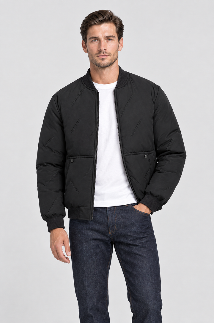 The Fulham Padded Bomber in Black, on model, front