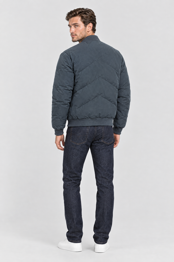The Fulham Padded Bomber in Slate Blue, on model, back view