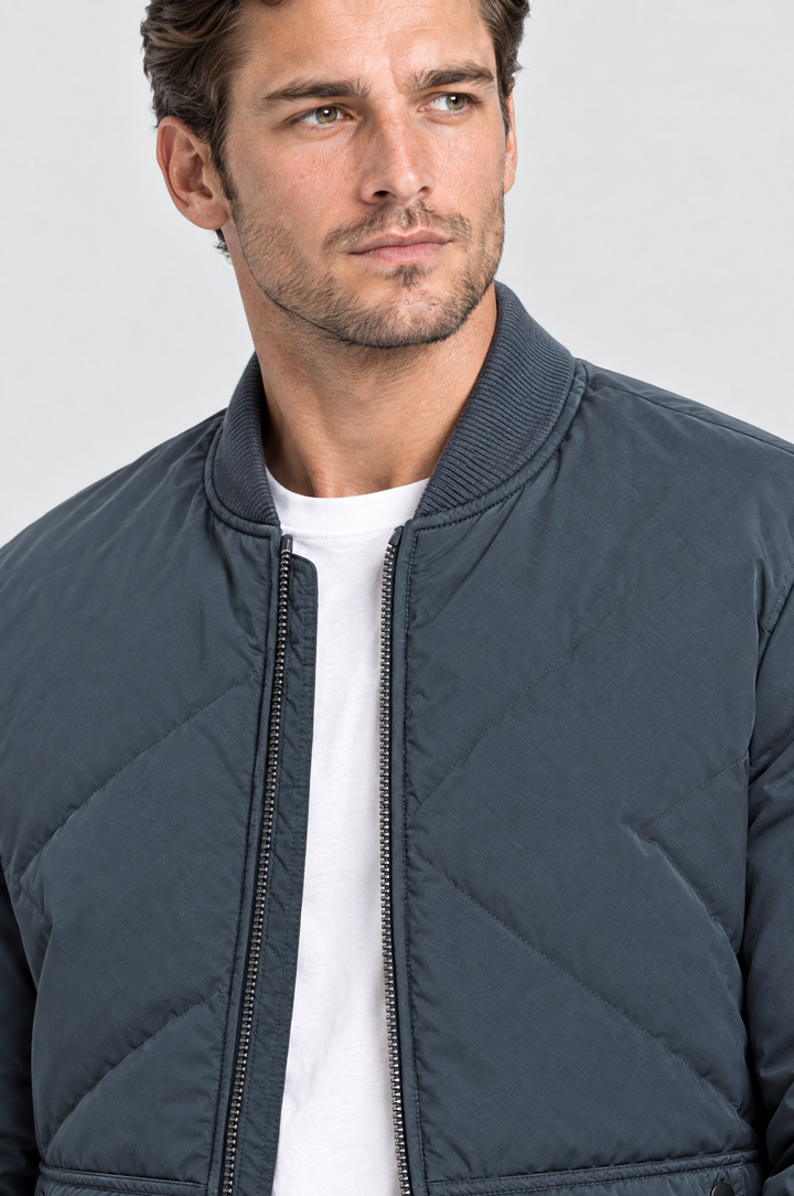 The Fulham Padded Bomber in Slate Blue, close-up detail