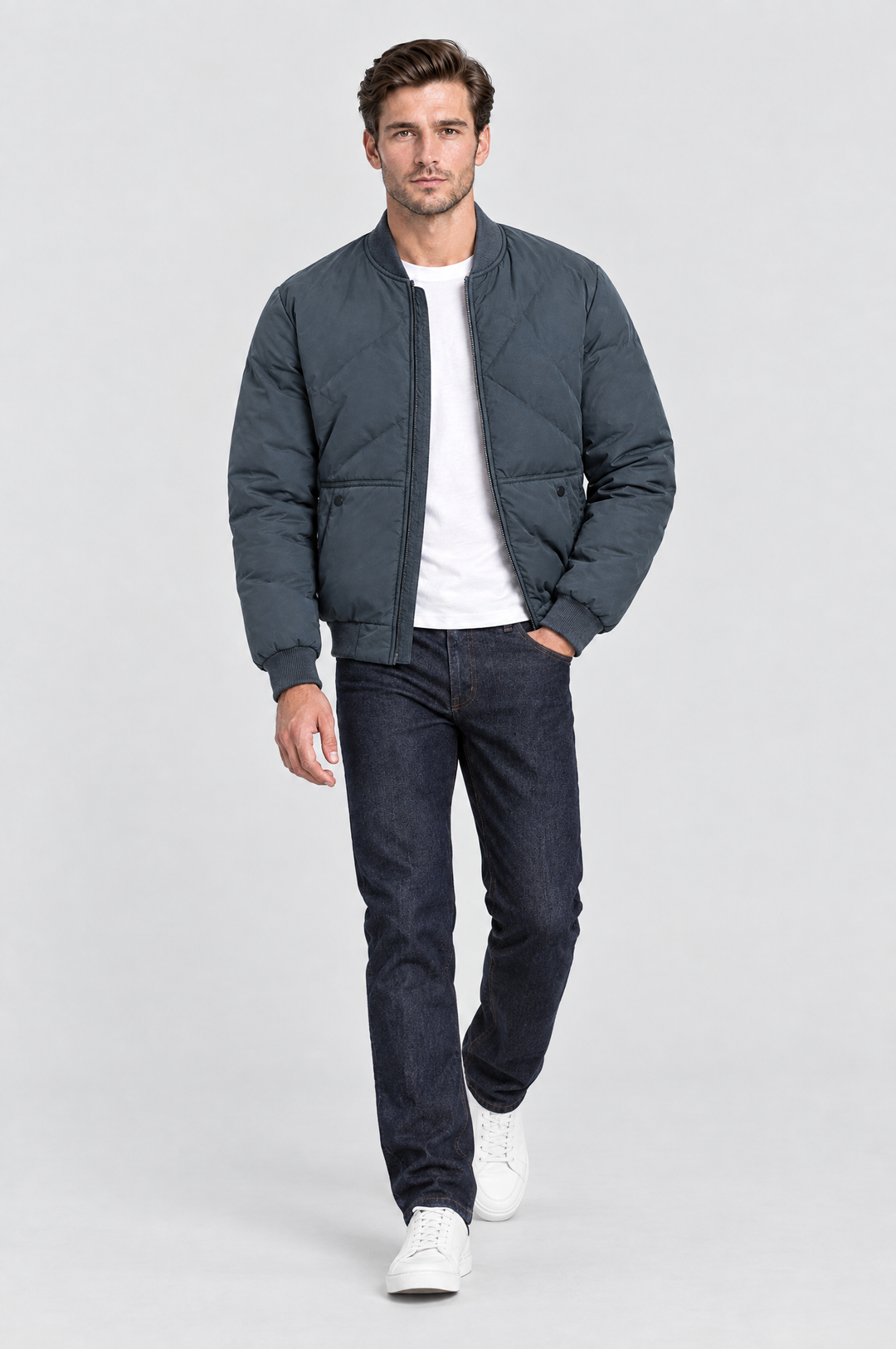 The Fulham Padded Bomber in Slate Blue, on model, full length