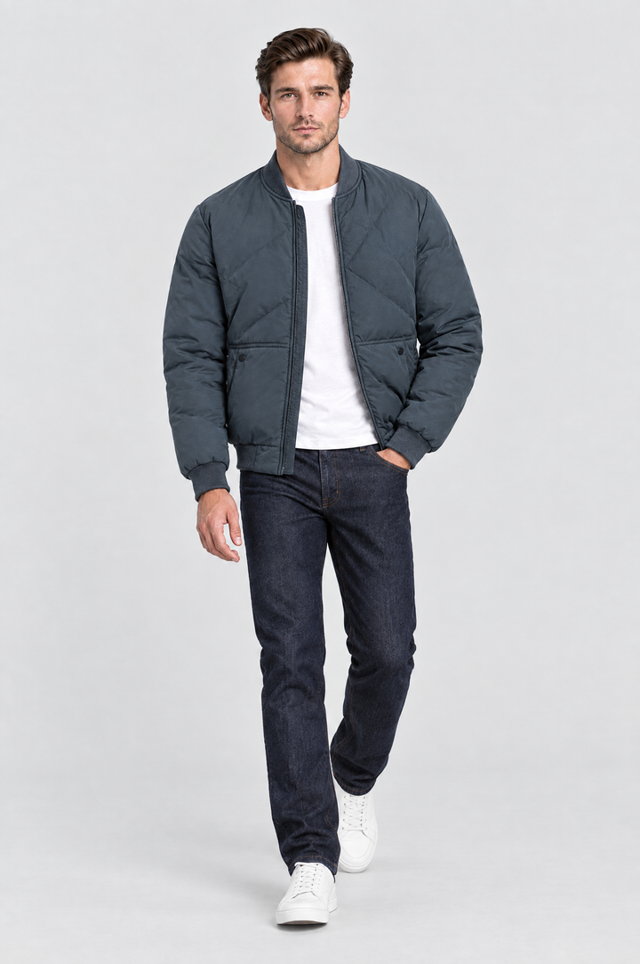 The Fulham Padded Bomber in Slate Blue, on model, full length
