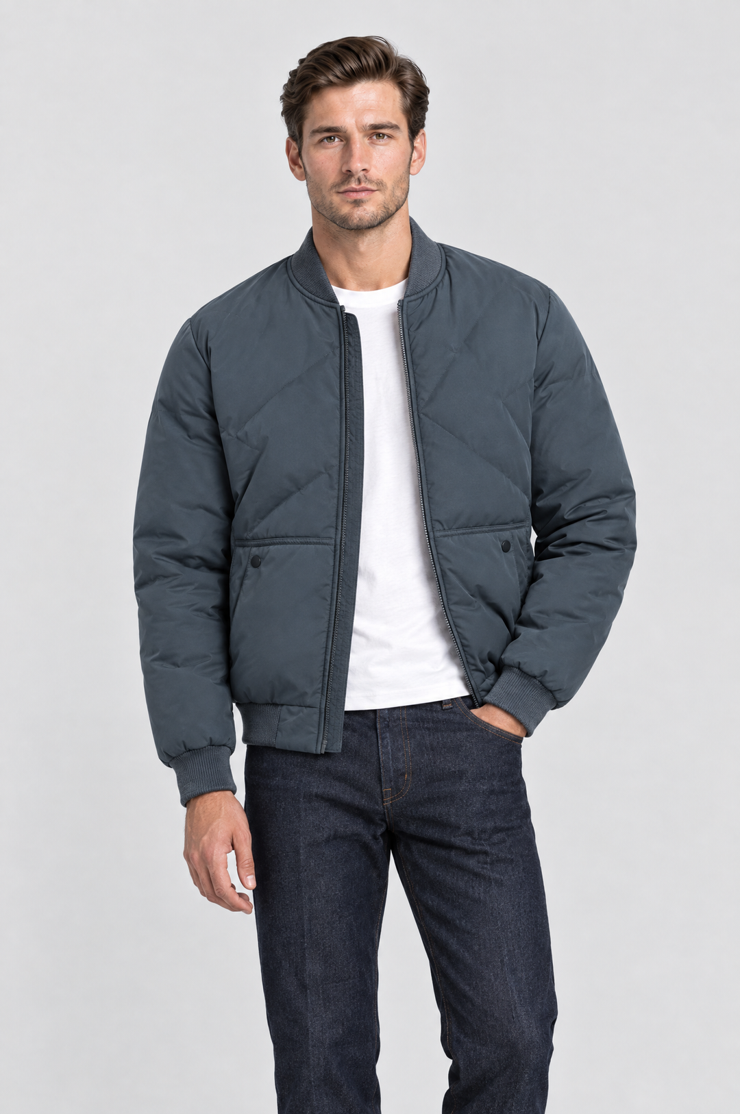 The Fulham Padded Bomber in Slate Blue, on model, front