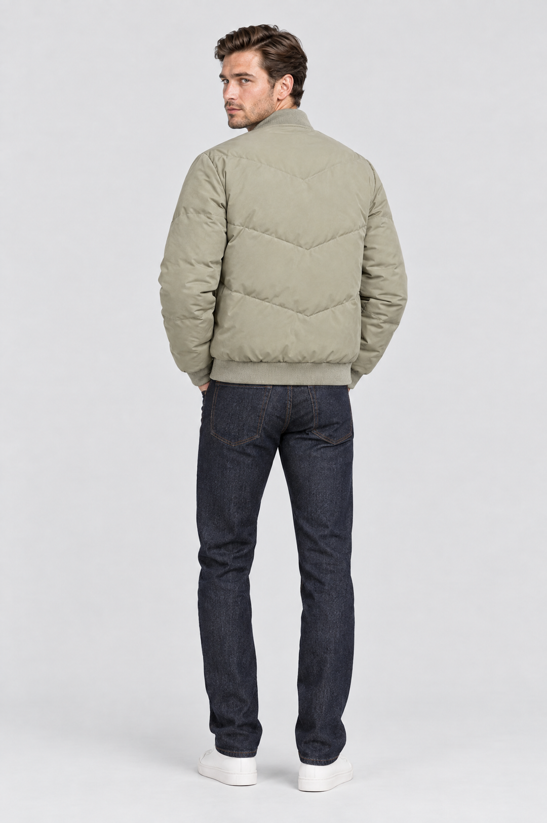 The Fulham Padded Bomber in Stone, on model, back view