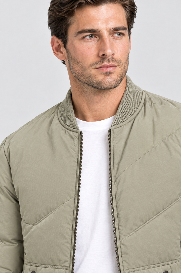The Fulham Padded Bomber in Stone, close-up detail