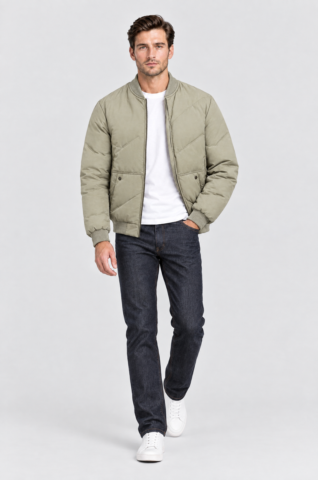 The Fulham Padded Bomber in Stone, on model, full length