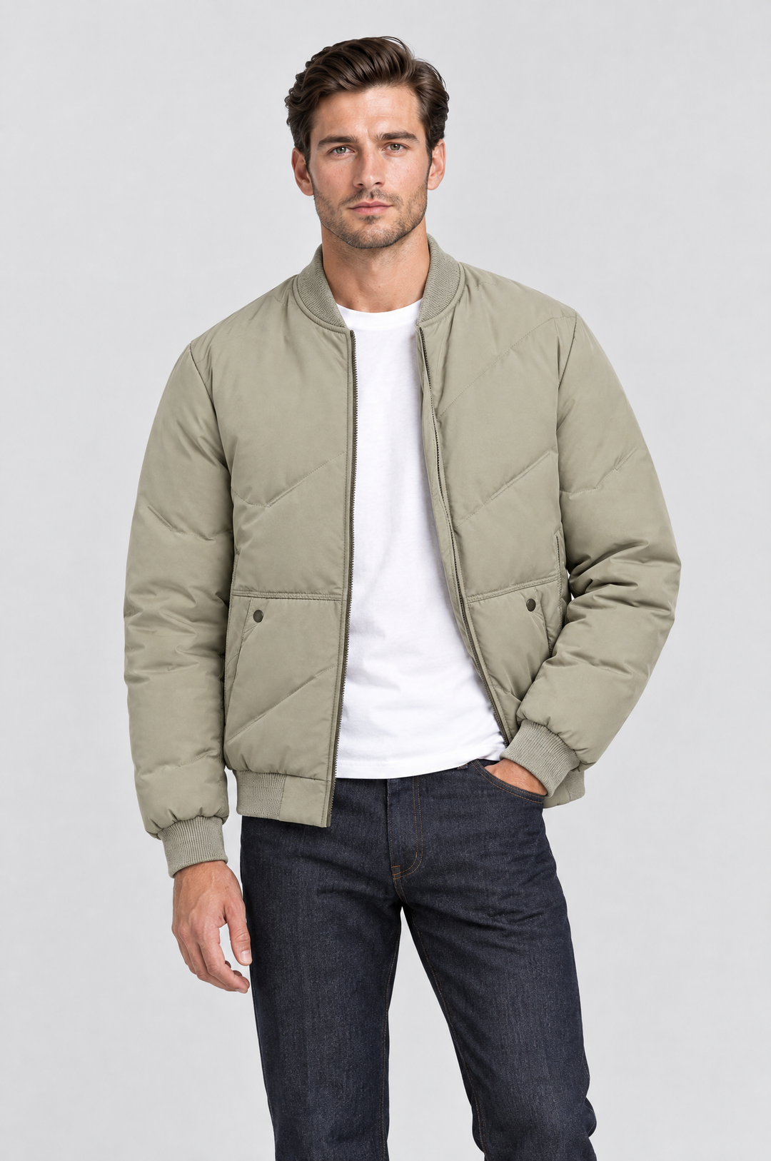 The Fulham Padded Bomber in Stone, on model, front