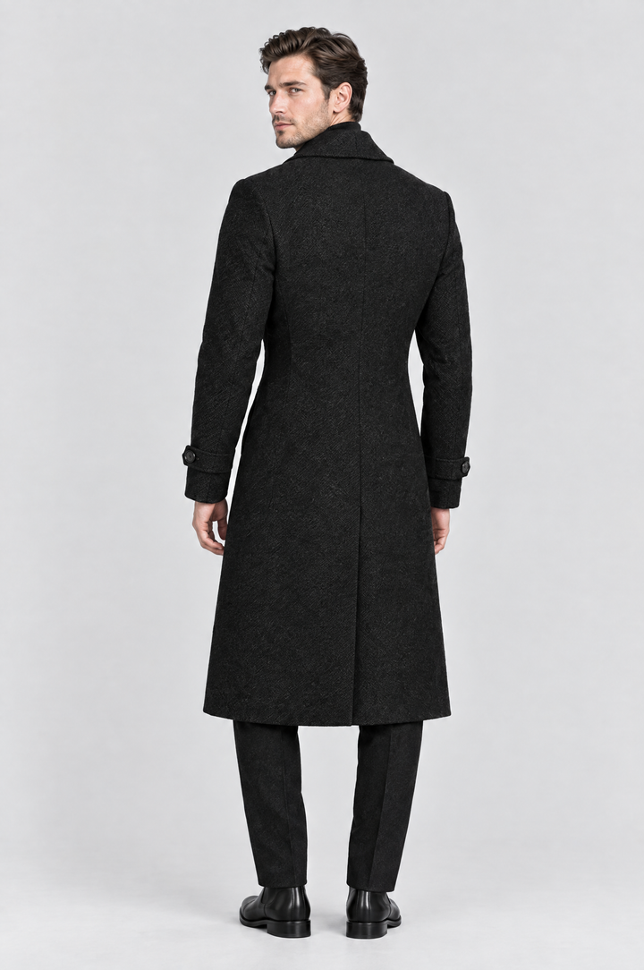The Greenwich Double-Breasted Coat in Black, on model, back view