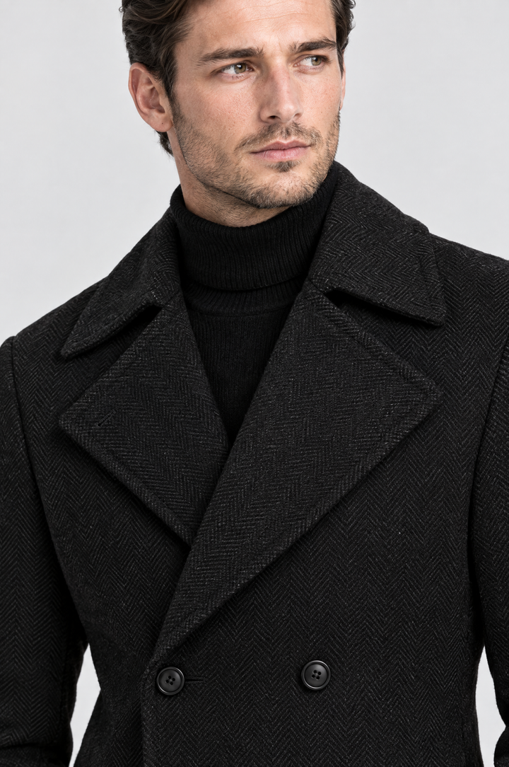 The Greenwich Double-Breasted Coat in Black, close-up detail
