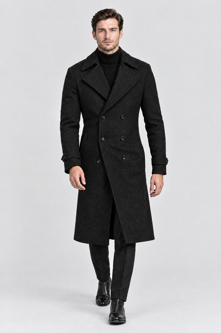 The Greenwich Double-Breasted Coat in Black, on model, full length