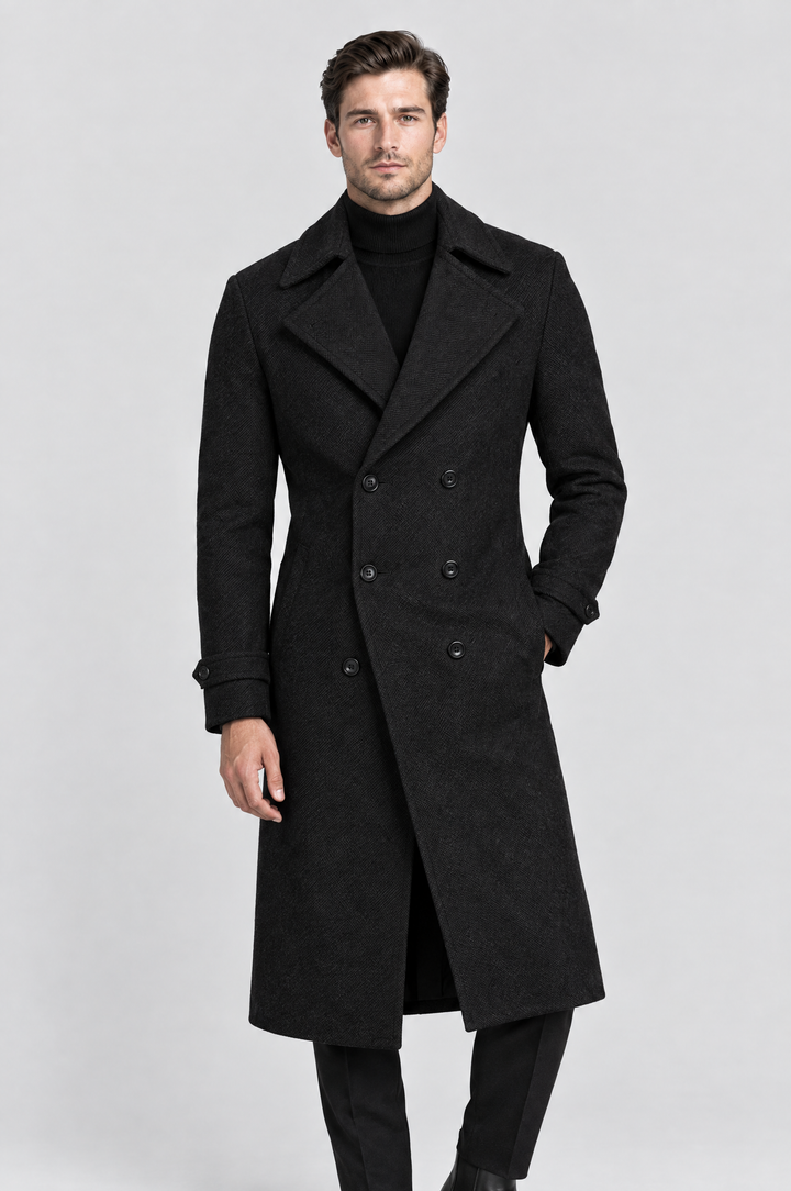 The Greenwich Double-Breasted Coat in Black, on model, front