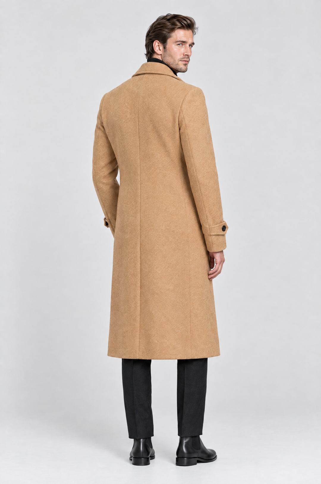 The Greenwich Double-Breasted Coat in Camel, on model, back view