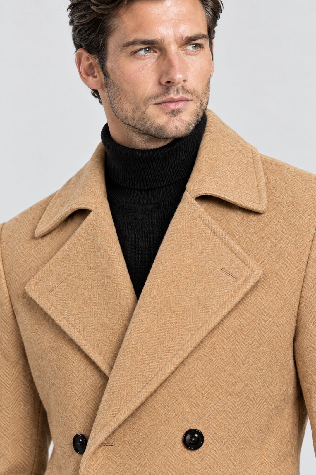 The Greenwich Double-Breasted Coat in Camel, close-up detail