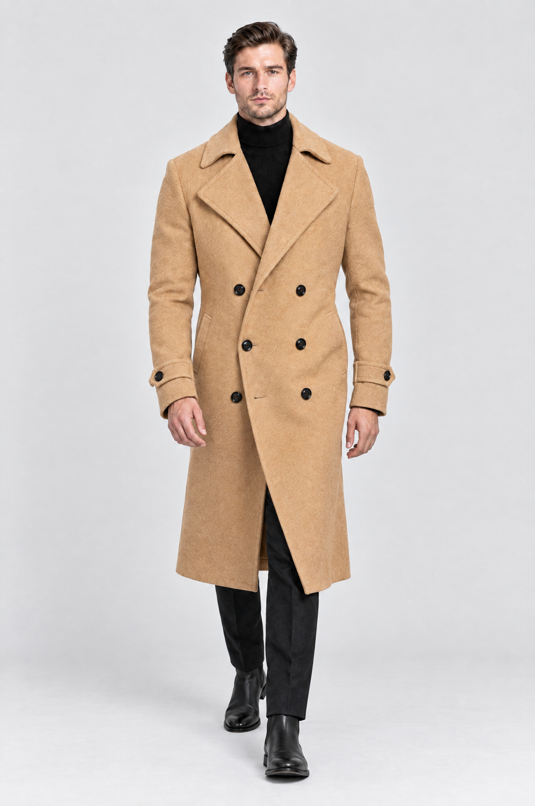 The Greenwich Double-Breasted Coat in Camel, on model, full length