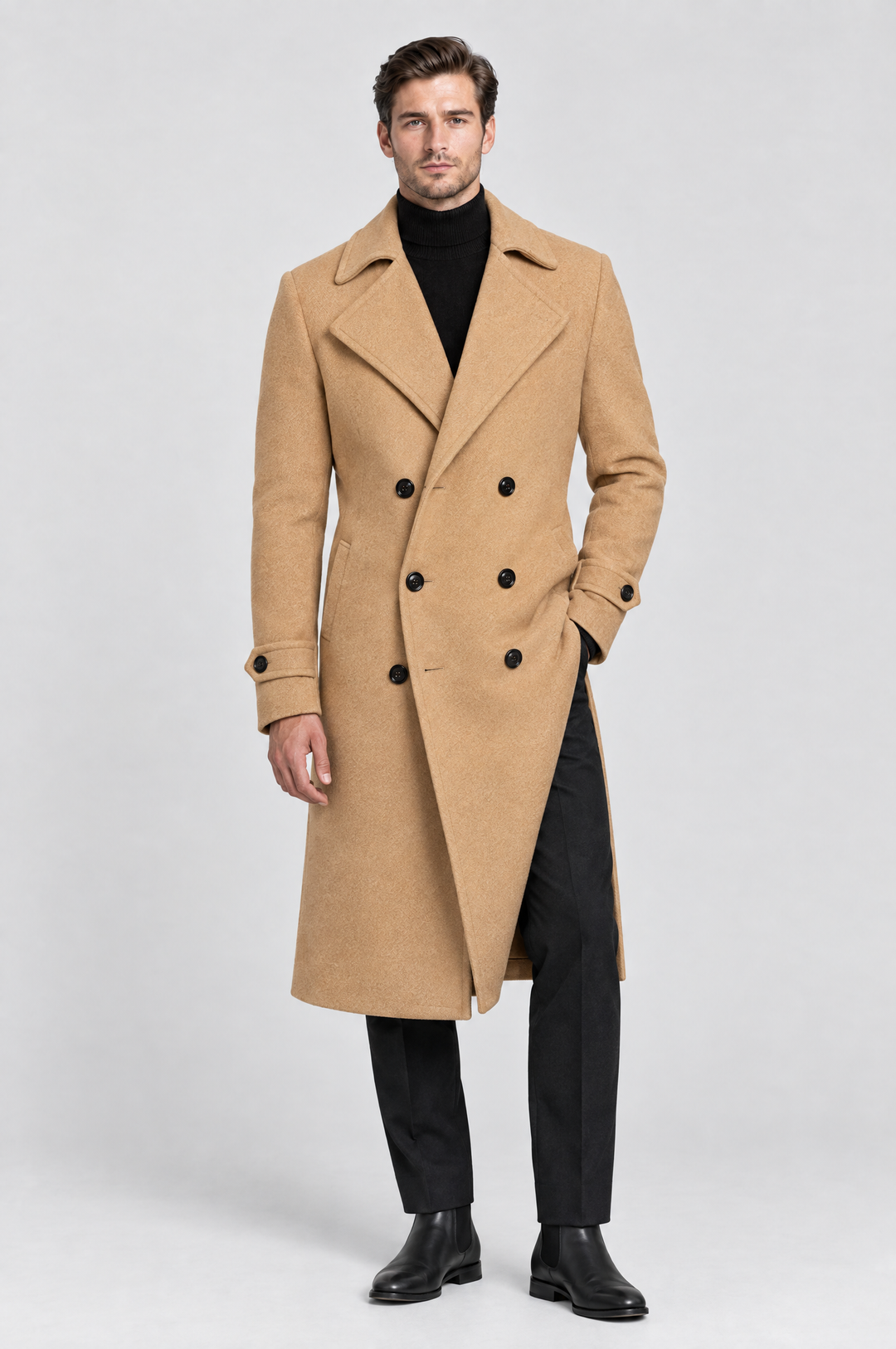 The Greenwich Double-Breasted Coat in Camel, on model, front