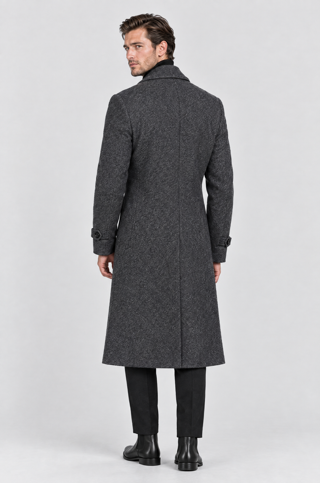 The Greenwich Double-Breasted Coat in Charcoal, on model, back view