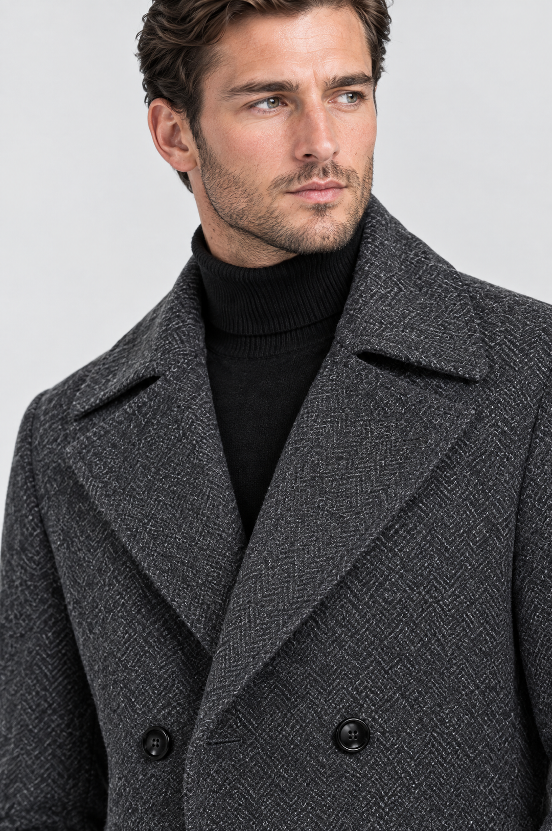 The Greenwich Double-Breasted Coat in Charcoal, close-up detail