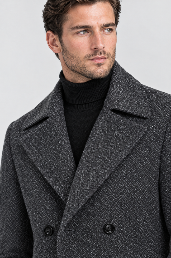 The Greenwich Double-Breasted Coat in Charcoal, close-up detail