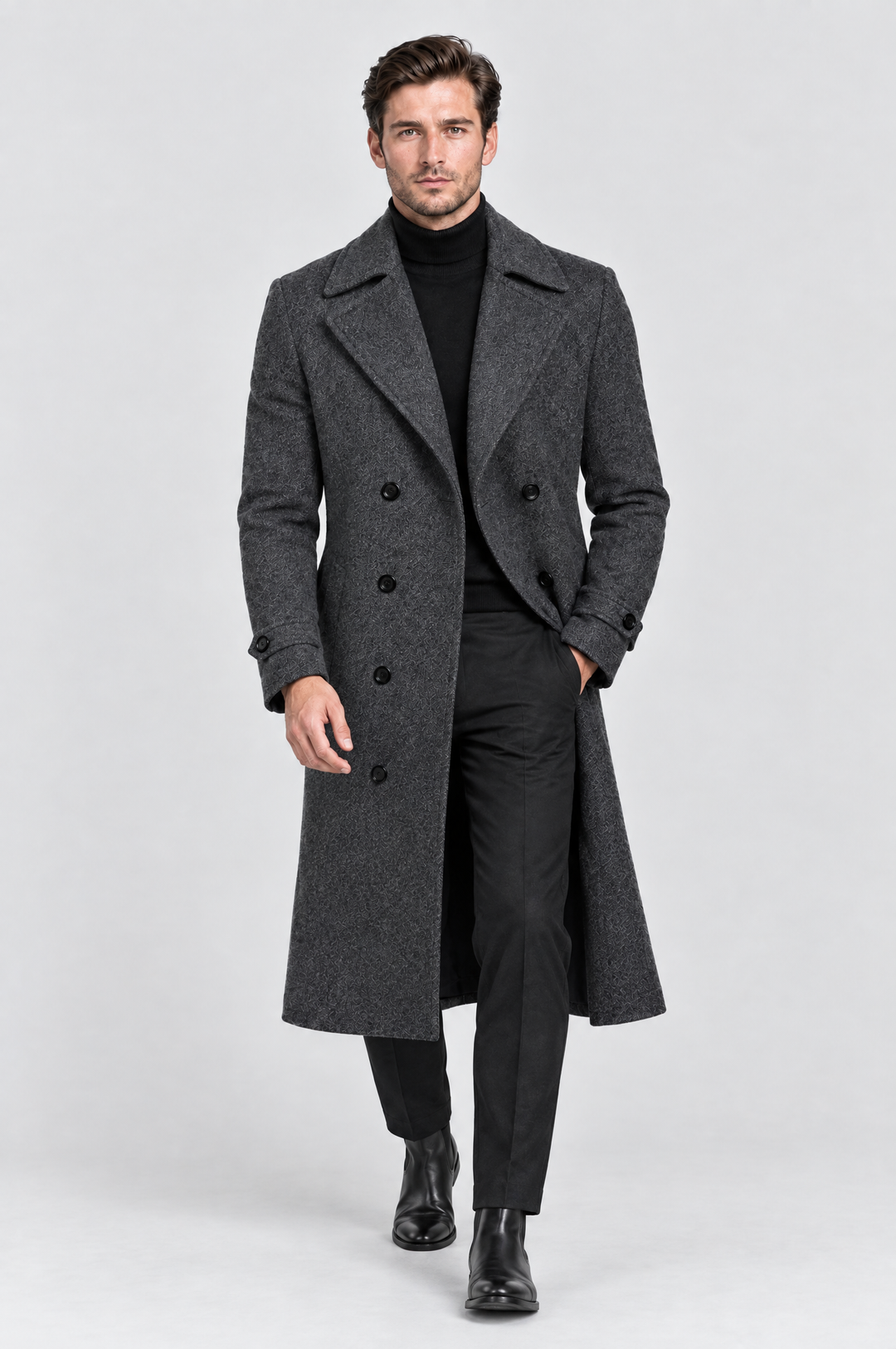 The Greenwich Double-Breasted Coat in Charcoal, on model, full length