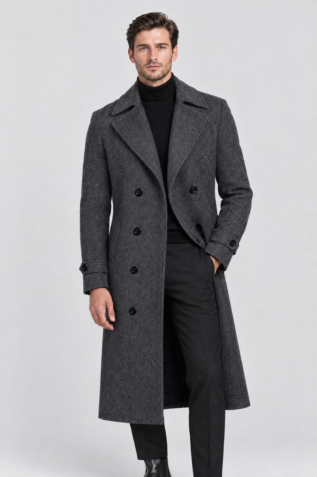 The Greenwich Double-Breasted Coat in Charcoal, on model, front