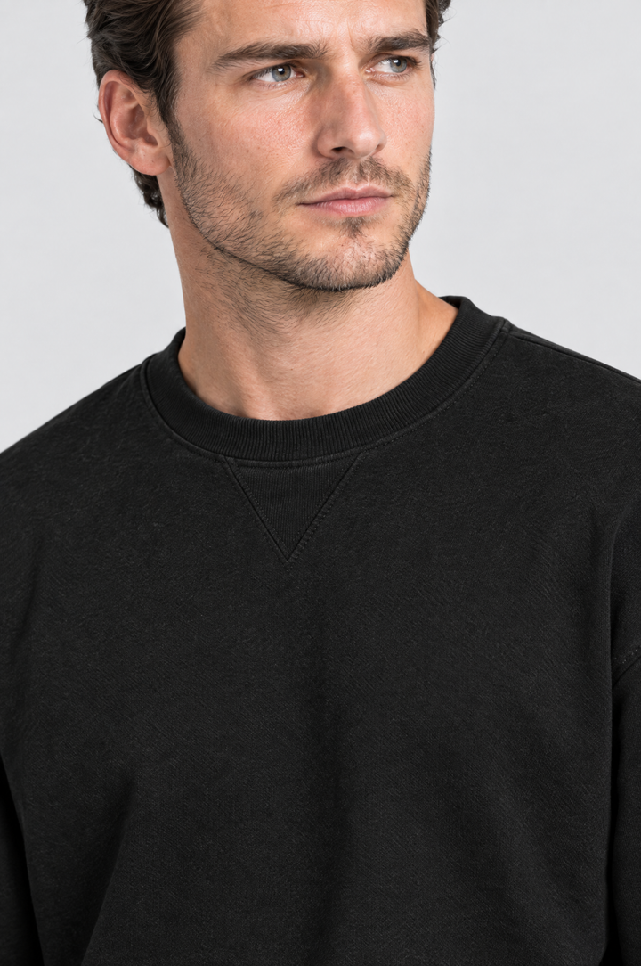 The Hackney Crewneck Sweatshirt in Black, close-up detail