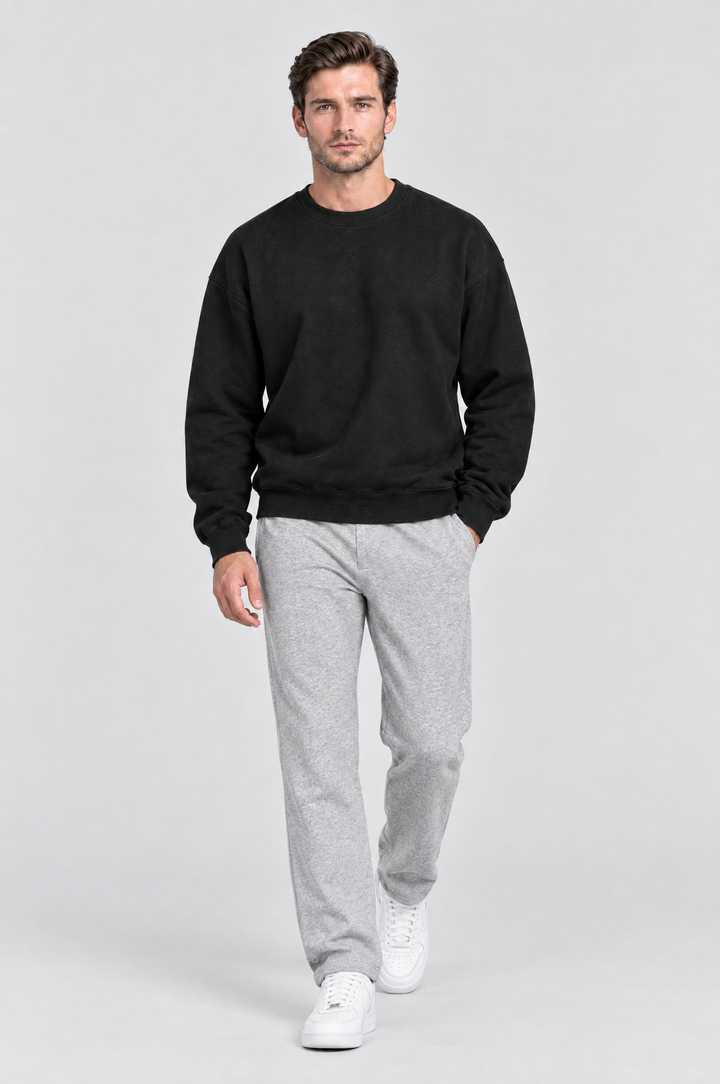 The Hackney Crewneck Sweatshirt in Black, on model, full length