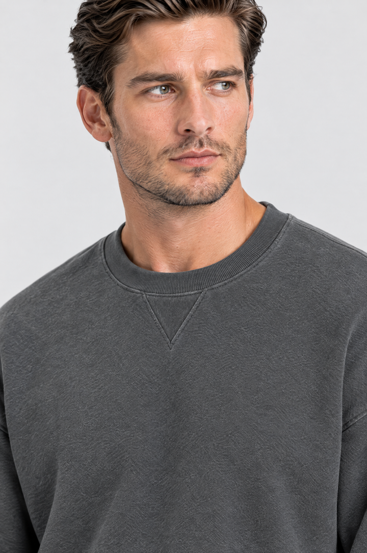 The Hackney Crewneck Sweatshirt in Charcoal, close-up detail