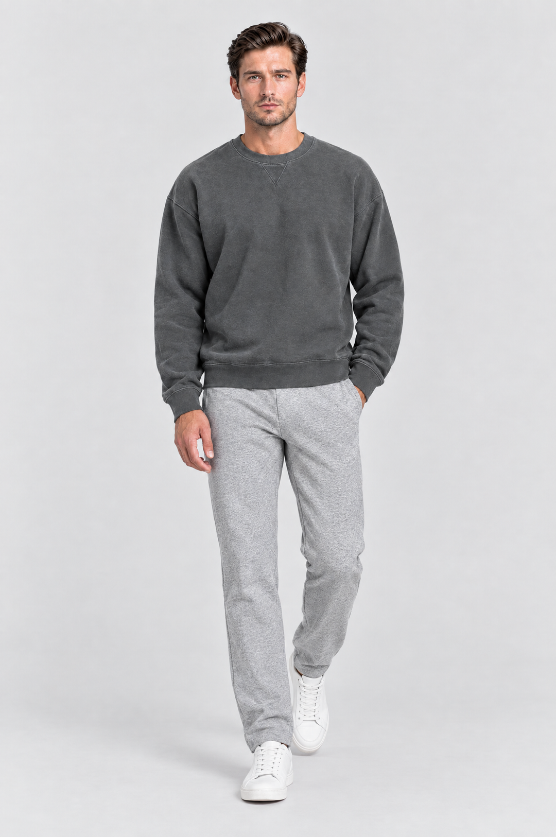 The Hackney Crewneck Sweatshirt in Charcoal, on model, full length