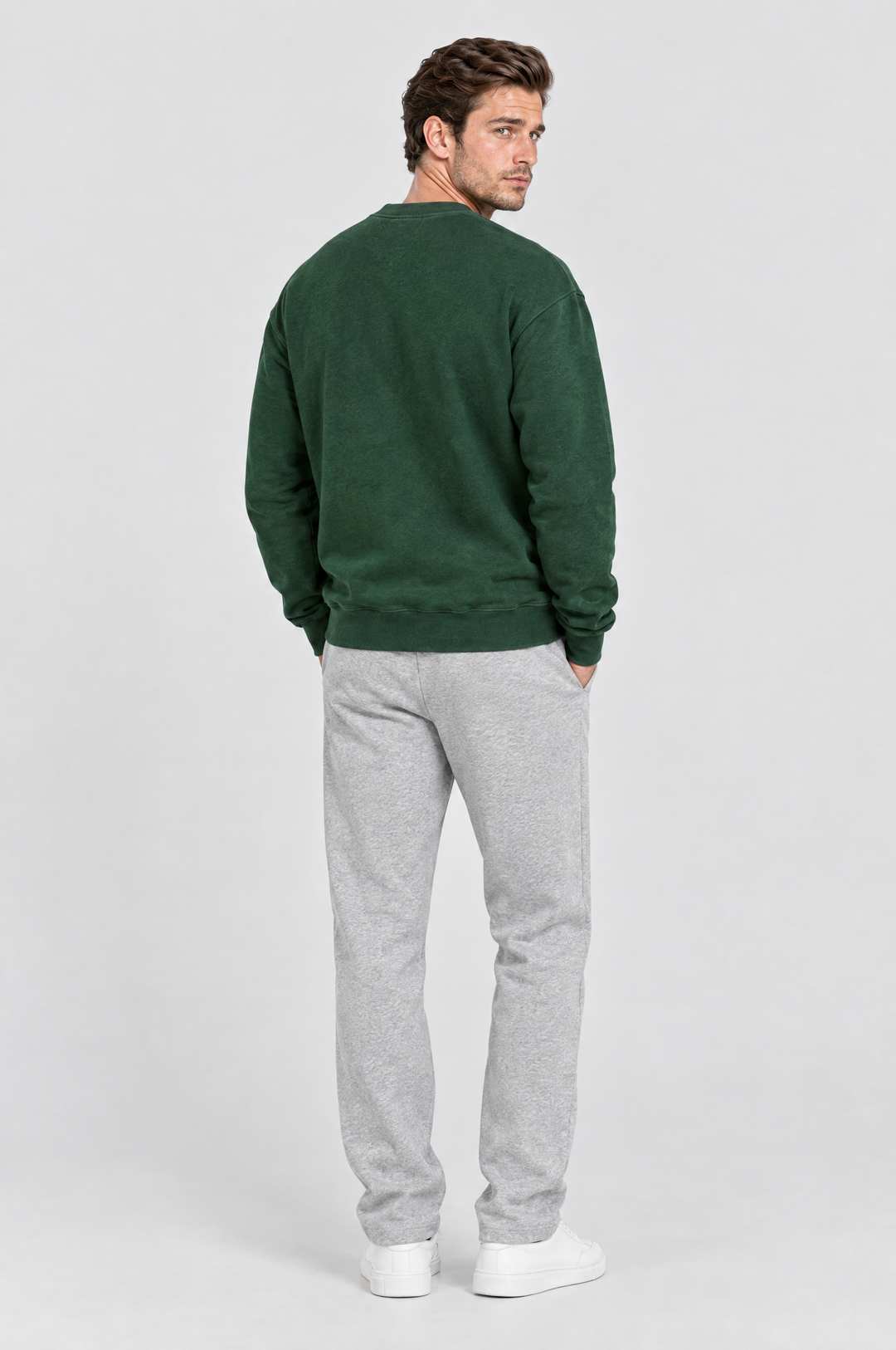 The Hackney Crewneck Sweatshirt in Forest, on model, back view