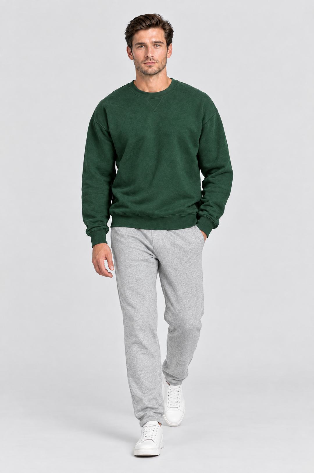 The Hackney Crewneck Sweatshirt in Forest, on model, full length