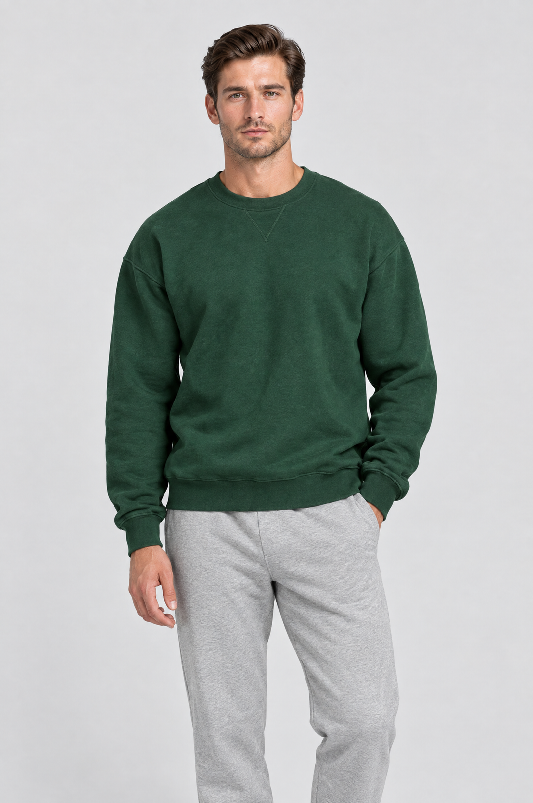 The Hackney Crewneck Sweatshirt in Forest, on model, front
