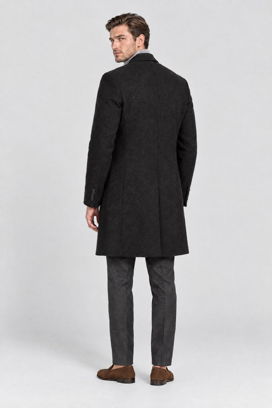 The Hampstead Overcoat in Black, back view