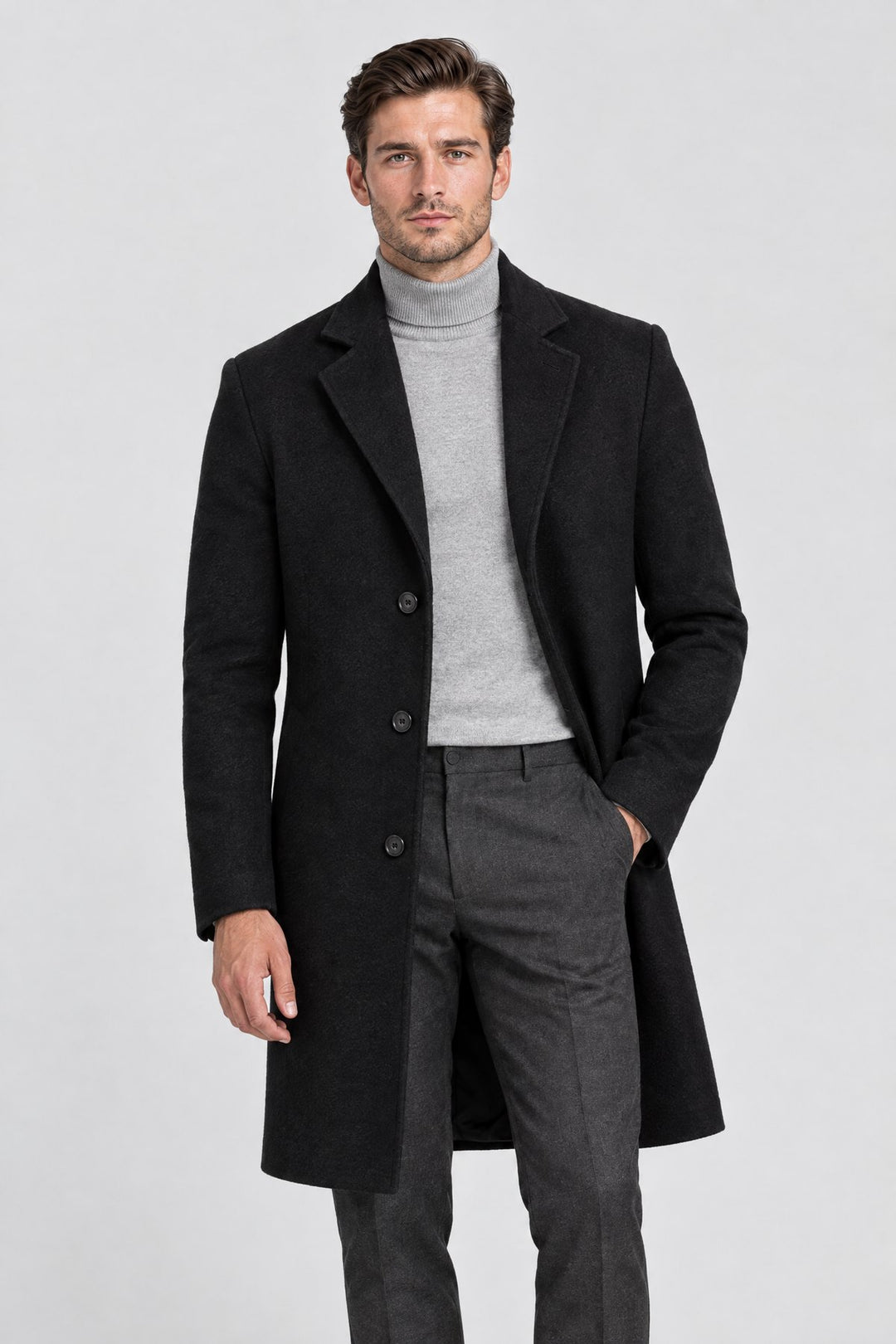 The Hampstead Overcoat in Black, on model