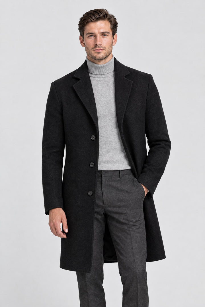The Hampstead Overcoat in Black, on model