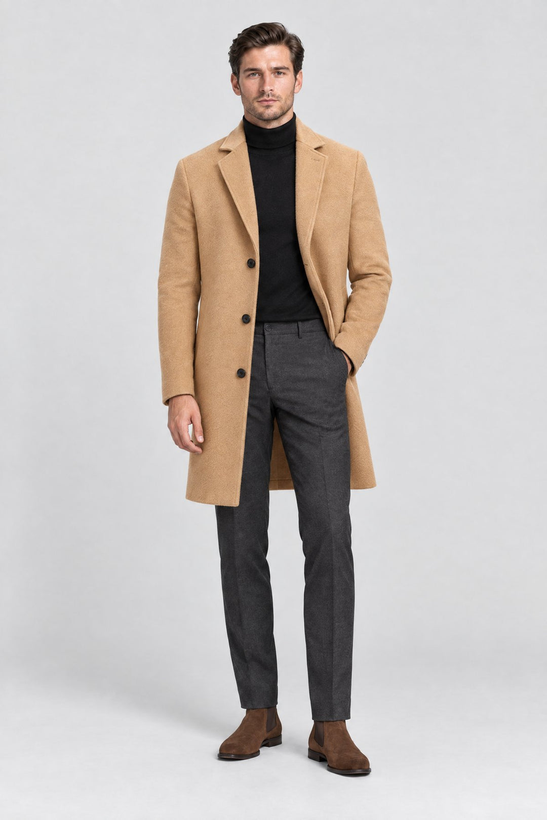 The Hampstead Overcoat in Camel, on model